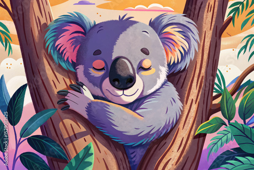 sleepy koala gently hugging a tree in soft afternoon light perfect for calm nature scenes, wildlife themes, and children’s design