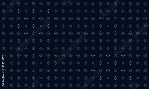 Seamless abstract geometric pattern with 4 leaves and stamen composition in blue and gray on dark blue background. Vector illustration, for masculine shirt lady dress cloth cover decoration all over 