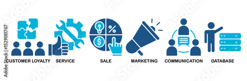 CRM icon set vector illustration concept for customer relationship management with icon of customer loyalty, service, sale, marketing, communication, and database