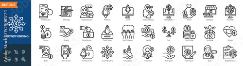 Crowdfunding icon collection line style, Online Donation, Exit Strategy, Feedback Donation, Pre Release, Launch, Intellectual Property, Funding Platform, Vector illustration