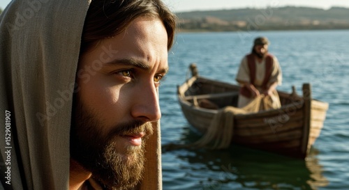 Jesus looking contemplative by a lake with a fisherman in a boat. Christian and biblical scene for religious art.
