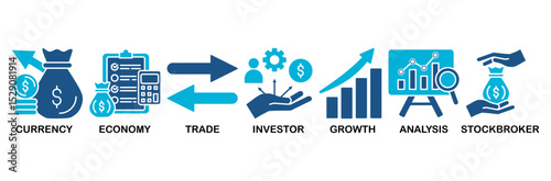 Forex icon set vector illustration concept with icon of currency, economy, trade, investor, growth, analysis and stockbroker