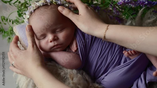 Lovely Mother Pets Adorable, Swaddled Newborn Baby, Who Sleeping Among Flowers