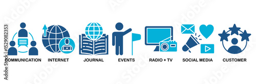 Public relations icon set vector illustration concept with icon of communication, internet, journal, events, radio, tv, social media, and customer�