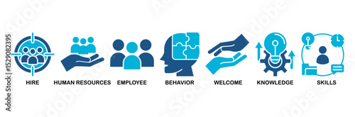 Onboarding icon set vector illustration concept for human resources business industry to introduce newly hired employee into an organization with behavior, welcome, knowledge, and skills icon