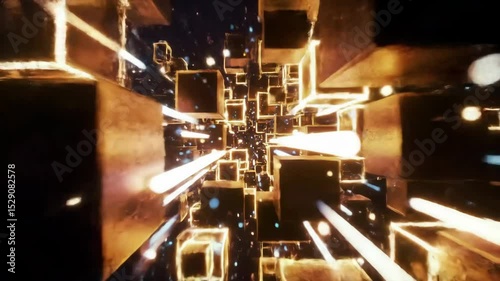 Exploding neon cubes and sparks in high-speed digital rush with shifting light