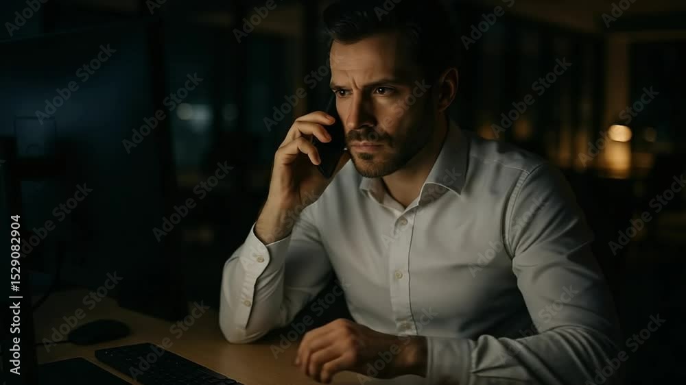 Calm Manager Handling Crisis Call in Late-Night Office with Cinematic Mood