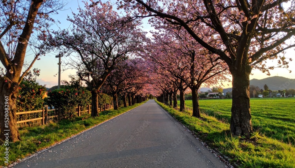 Serene path lined with cherry blossom trees creating a picturesque canopy Serene path lined with cherry blossom trees creating a picturesque canopy