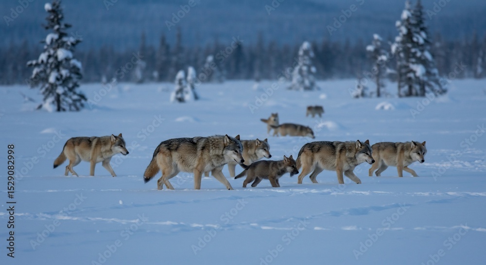 Naklejka premium Majestic wolf pack traversing a pristine snowy landscape under a serene winter sky.