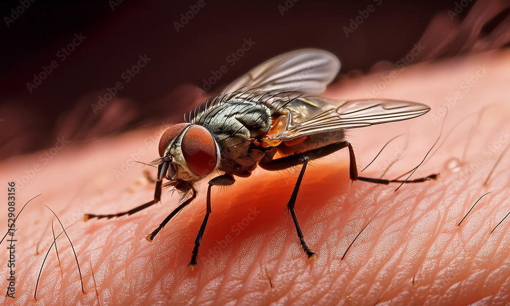 Obraz premium macro shot of a housefly crawling on human skin