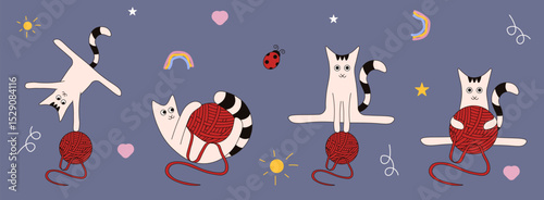 Vector collection of adorable cats and simple element. Set of cat with red ball of thread. Ideal for kids prints, nursery art, poster, stickers, card cover print. EPS 10