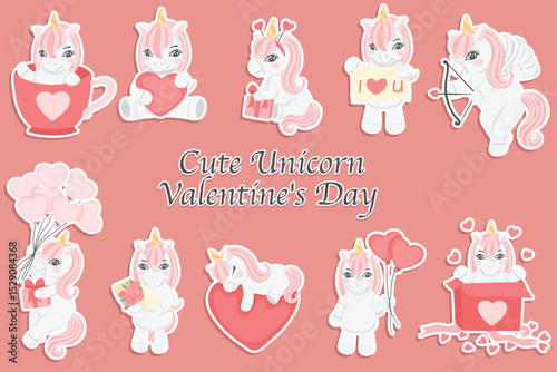 Adorable Pink Unicorn Valentine's Day Stickers:  Romantic Clipart Set