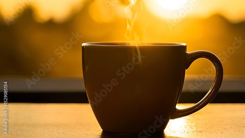Steaming Coffee Cup at Sunrise - Close-up Still Life for Breakfast Concepts, Cozy Morning Vibes, or Hot Beverage Advertisements featuring a warm, golden light and inviting aroma. 