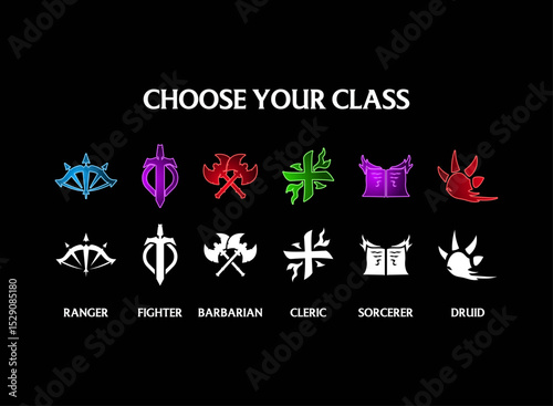 ranger, fighter, barbarian, cleric, sorcerer and druid fantasy game elements badge role icon class