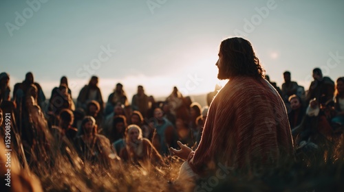 Jesus teaches a crowd in a field at sunset, sharing wisdom and stories of faith and love to inspire his followers