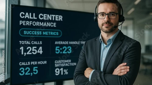Confident Call Center Manager Standing Before Digital Performance Dashboard