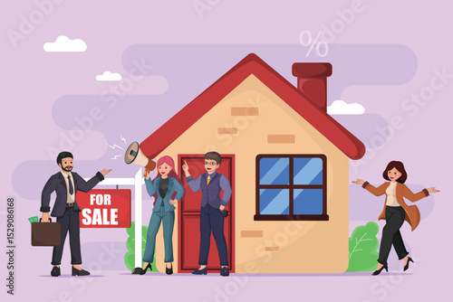 Real Estate Agents Announcing Property for Sale: Professionals Actively Promoting a House with a Megaphone and "For Sale" Sign, Highlighting Marketing and Communication in the Housing Market.