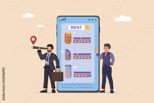 Digital Property Search and Rental App Concept: Two Men Engaging with a Mobile Application for Real Estate Listings, Showcasing Rental Opportunities with Ratings and Search Functionality.