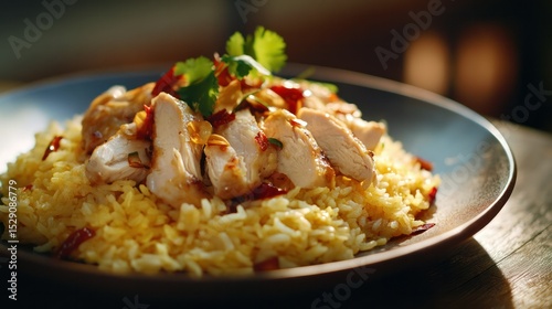 Delicious chicken and saffron rice dish served on a dark plate with fresh cilantro and a side of vibrant vegetables in a cozy restaurant setting photo