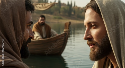 Jesus Christ and a man, possibly an apostle, in deep conversation by the water with a boat in the background, a depiction of biblical times.