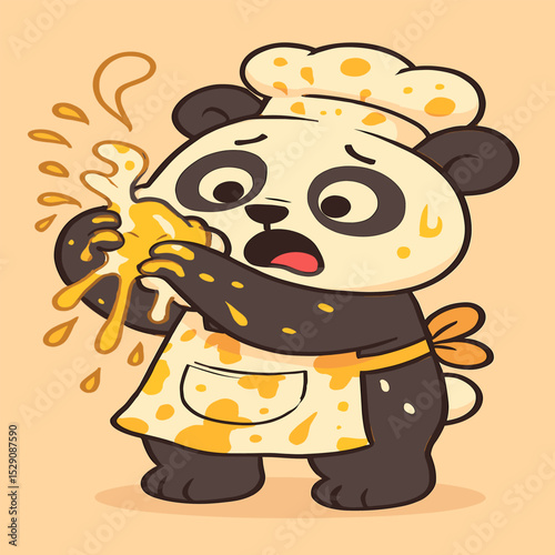 A panda tries to crack an egg but smashes it with both paws, looking surprised. Egg splatter is everywhere, and the panda wears a messy apron against a simple solid background.