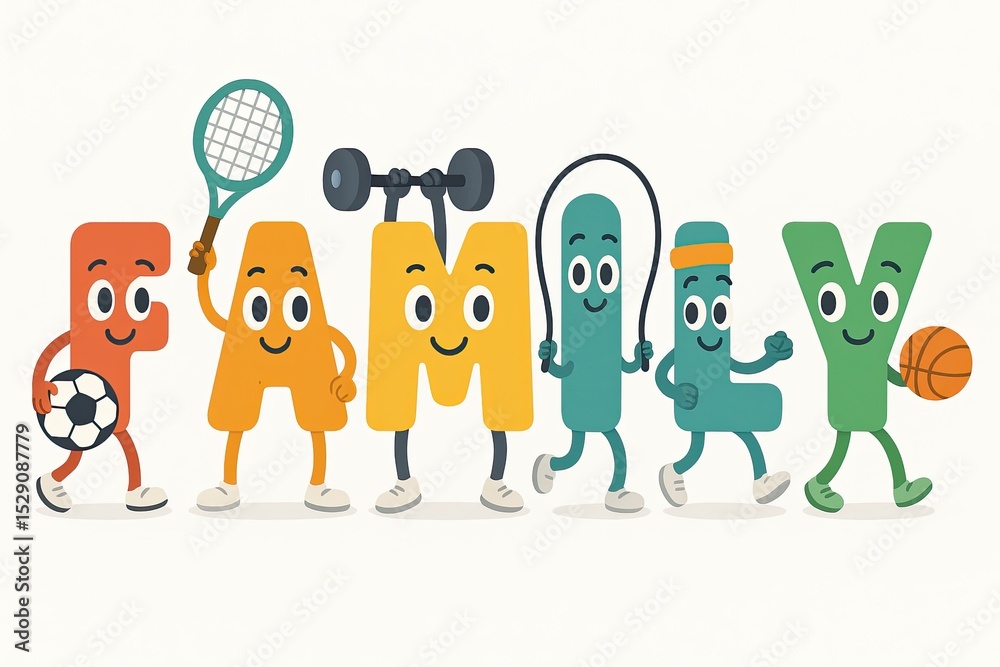 Fototapeta premium Colorful cartoon letters spelling 'FAMILY' with playful faces, holding sports equipment like a soccer ball, tennis racket, and basketball.