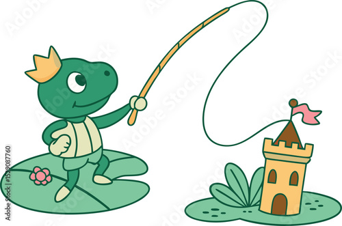 A friendly green cartoon frog wearing a crown stands on a lily pad, holding a fishing pole with a line attached to a small castle 