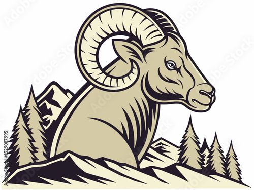 Powerful ram atop a mountain, showcasing strength and ambition.
