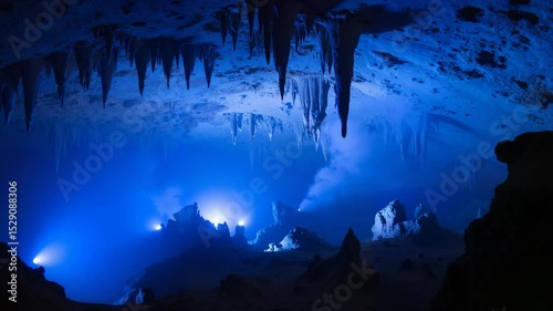 Stalactites and stalagmites in illuminated cave with blue lighting  