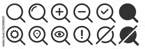 Magnifying glass icon set on transparent background. Zoom symbol and search icon vector illustration with gear, check mark, plus and minus, attention, pin symbols.