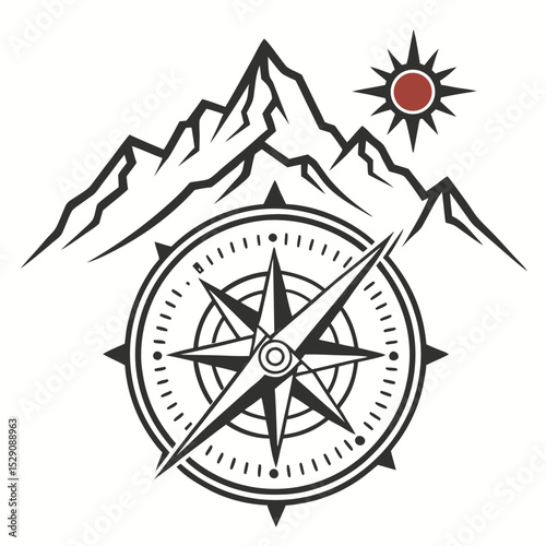 Mountain Landscape with Compass Symbolizing Exploration and Adventure