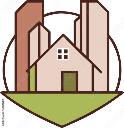 A stylized illustration featuring a central house with a triangular roof, set against urban buildings on either side