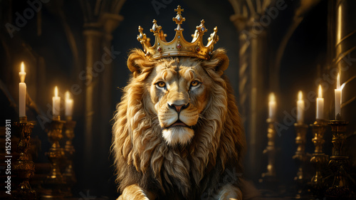 Majestic lion wearing a golden crown in a candlelit royal hall, symbolizing power, leadership, and nobility in a fantasy kingdom setting. Regal lion king seated on a throne under glowing candlelight.