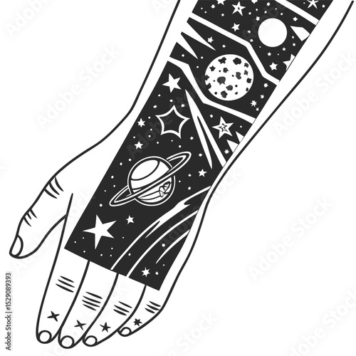 Arm Illustration Featuring Cosmic Orbital Tattoo Design with Stars and Planets