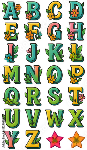 Glossy 3D Floral English Letters A to Z in Bright Colors with Decorative Flowers and Leaves on Black Background, Ideal for Educational, Kids, and Creative Design Projects,transparent background 
