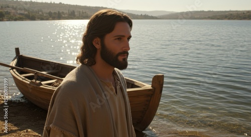 A man, Jesus Christ, stands near a boat on a lake shore looking into distance. Biblical character. Concept for christian faith and religion.