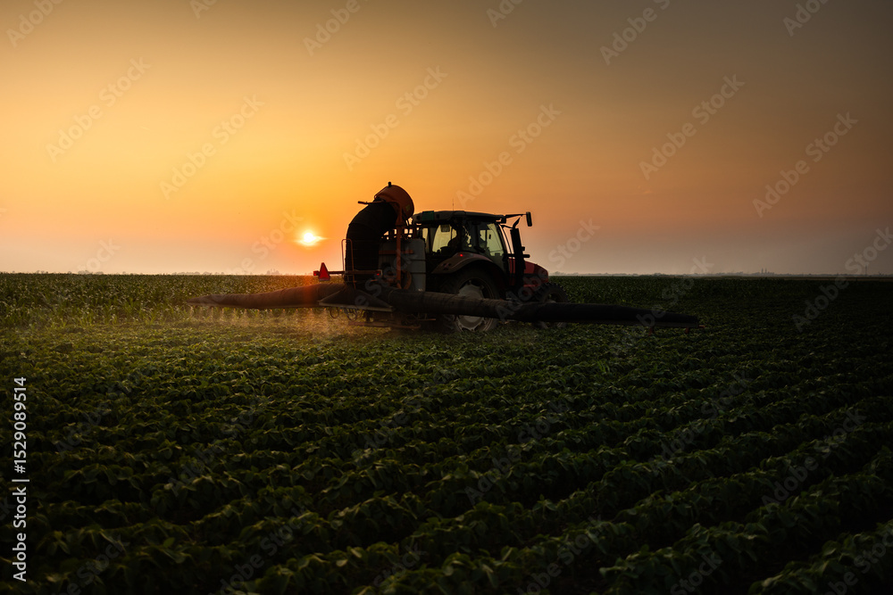 Fototapeta premium Tractor spraying soybean crops field
