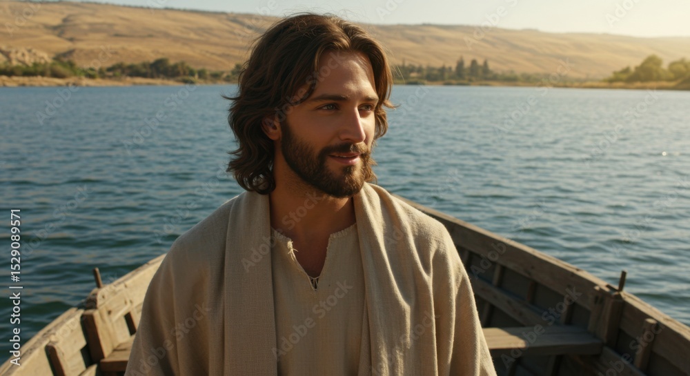 Fototapeta premium A man with a beard and brown hair on a boat in a lake. Biblical times concept for religious story.