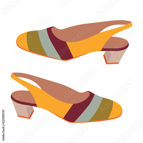 Slingback Low Heel Shoes Vector Illustration. Stylish vector illustration of slingback low heel shoes pair with yellow, brown, and gray stripes. 
