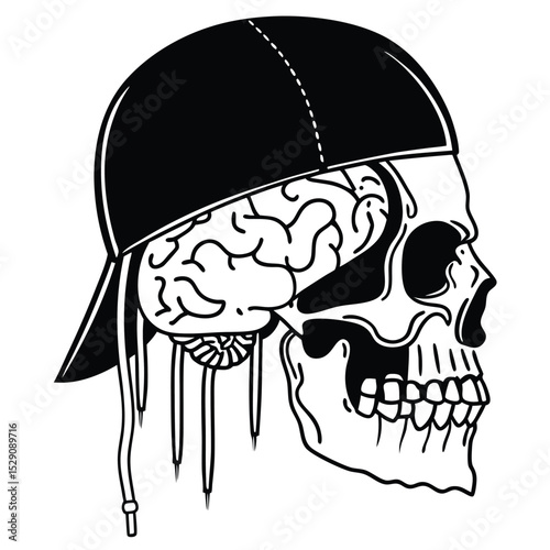Illustration of a Skull with Brain and Cap in Black and White