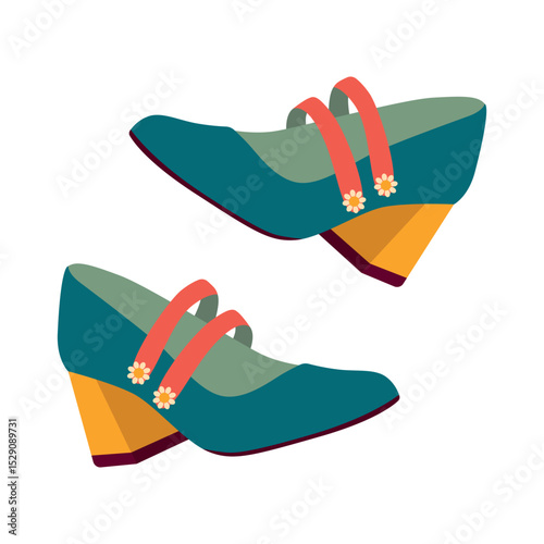 Stylish blue high heel shoes with orange straps and floral accents in a vector illustration. Features vibrant colors and a trendy design suitable for fashion and style concepts.