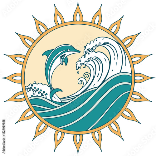 Stylized Dolphin Jumping Over Ocean Waves Encircled by a Radiant Sun Design