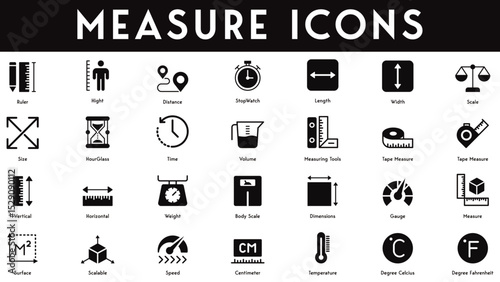 Measure Icons set vector illustration with collection of temperature, centimeter, surface, speed, tape measure, volume, time, hourglass, size, scale, length, width, stopwatch, distance, height, ruler.