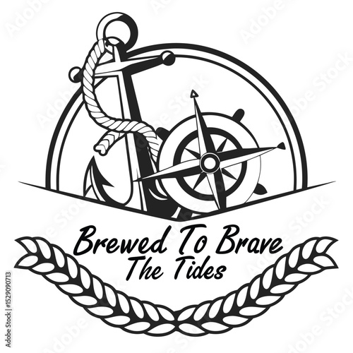 Nautical Emblem with Anchor, Compass, and Rope Design in Black and White