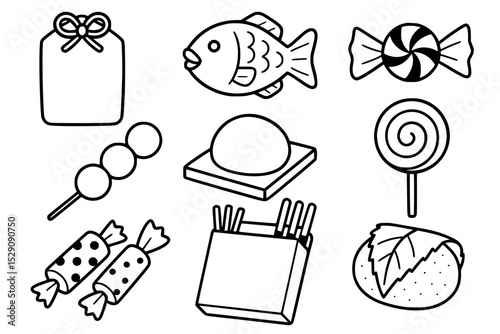 omamori, taiyaki, fish-shaped pastry, wrapped candy, dango, three rice dumplings on a skewer, mochi, round rice cake on a tray, lollipop, bonbon, box with cookie sticks, sakura mochi with leaf