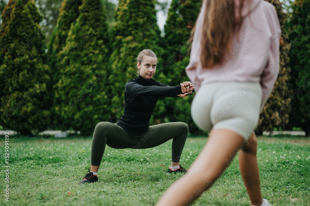 Fototapeta premium Two women engaging in outdoor stretching and fitness exercises on a grassy park area surrounded by trees.