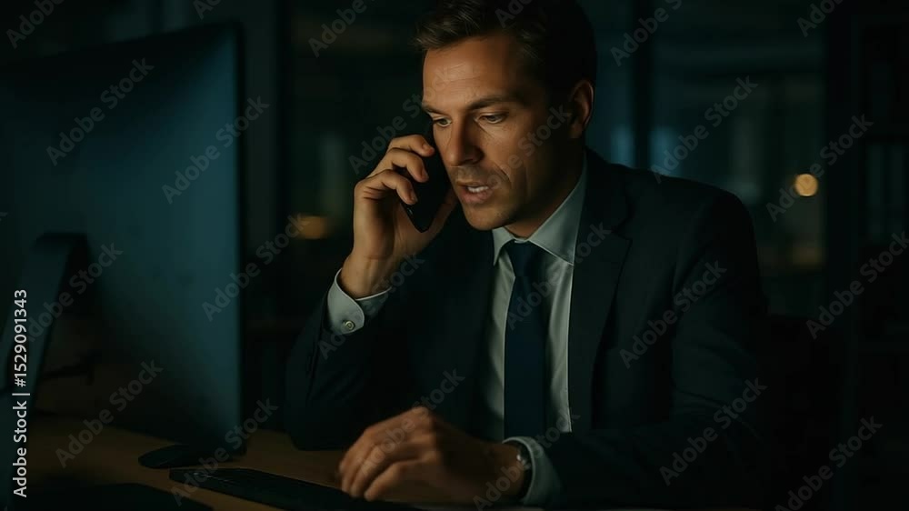 Calm Manager Handling Crisis Call in Late-Night Office with Cinematic Mood