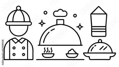 Line art illustration of food service and chef