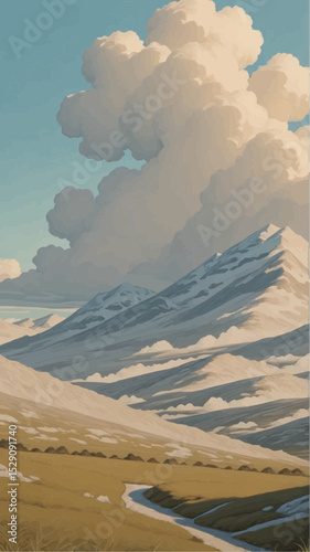 Majestic Mountains and Cloudscape A Serene Landscape Illustration