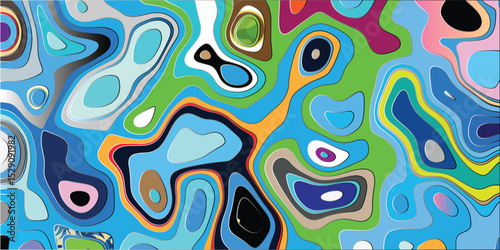Abstract design featuring a vibrant blend of colors and organic shapes in a layered topographical style with a fluid and contemporary artistic aesthetic.
